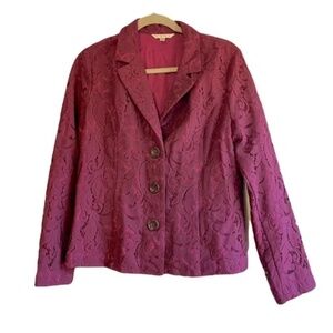 CAbi | Plumberry Frolic Lace Overlay Button Front Blazer, Size 10